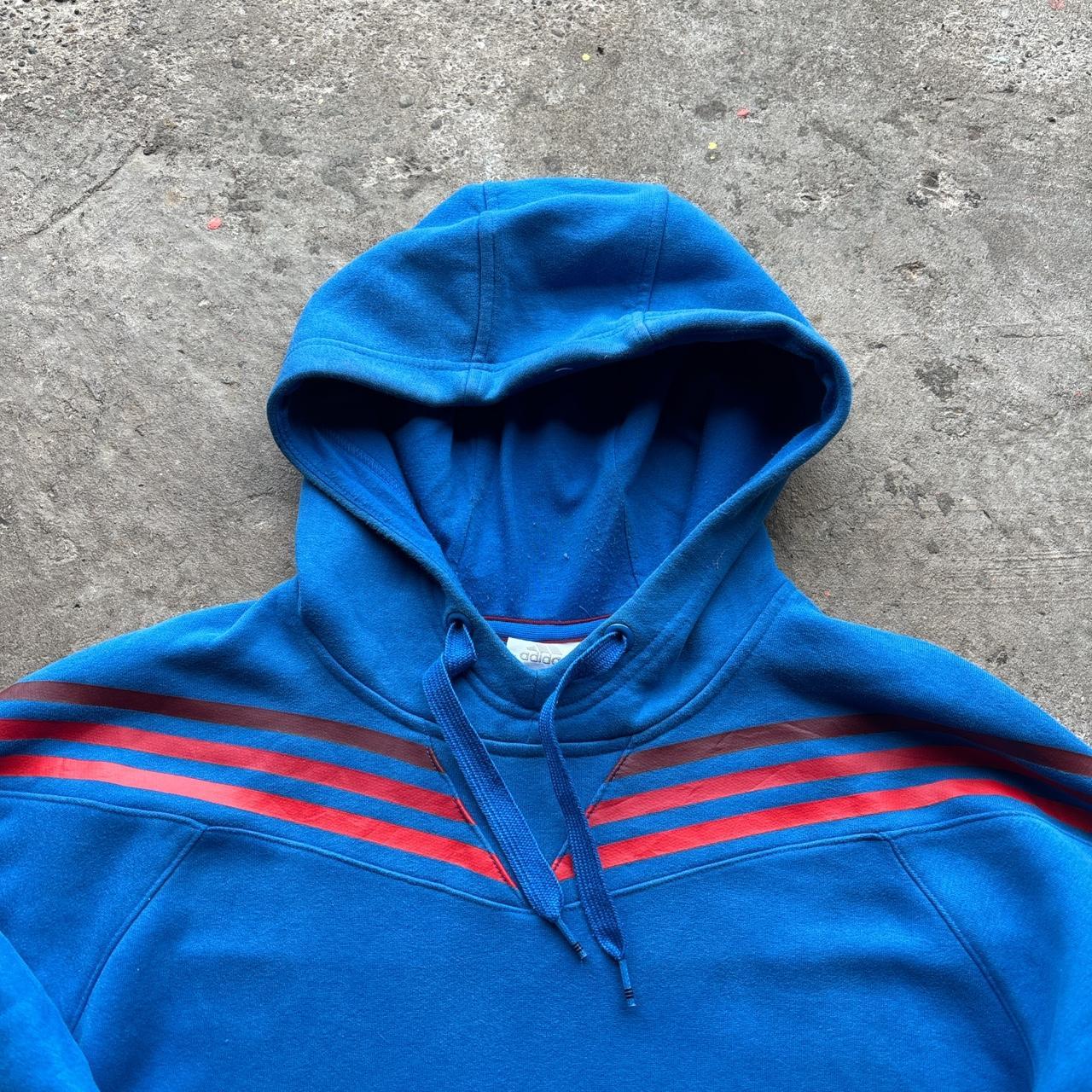 Blue Adidas hoody with printed stripes and logo
