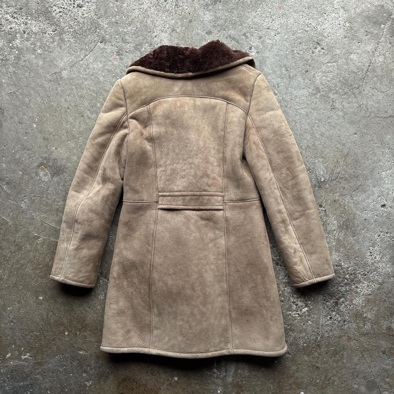 Tan suede sheep skin coat with brown Sherpa collar and lining