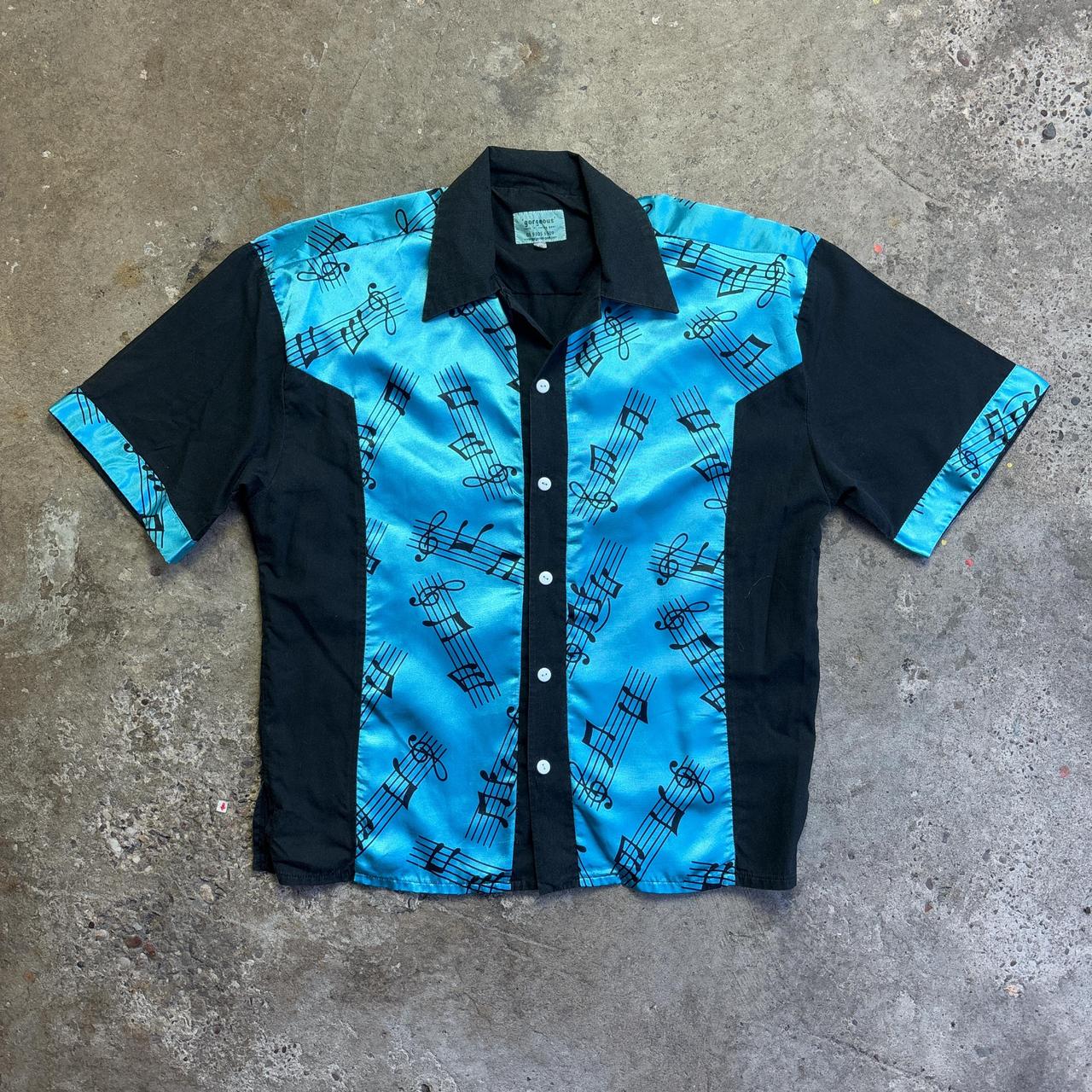 Blue and black musical notes bowling shirt