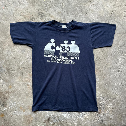 80s Navy graphic tee with jigsaw puzzle print