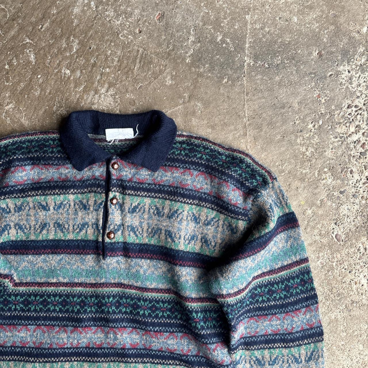 Navy Patterned Design Wool Button Jumper - L