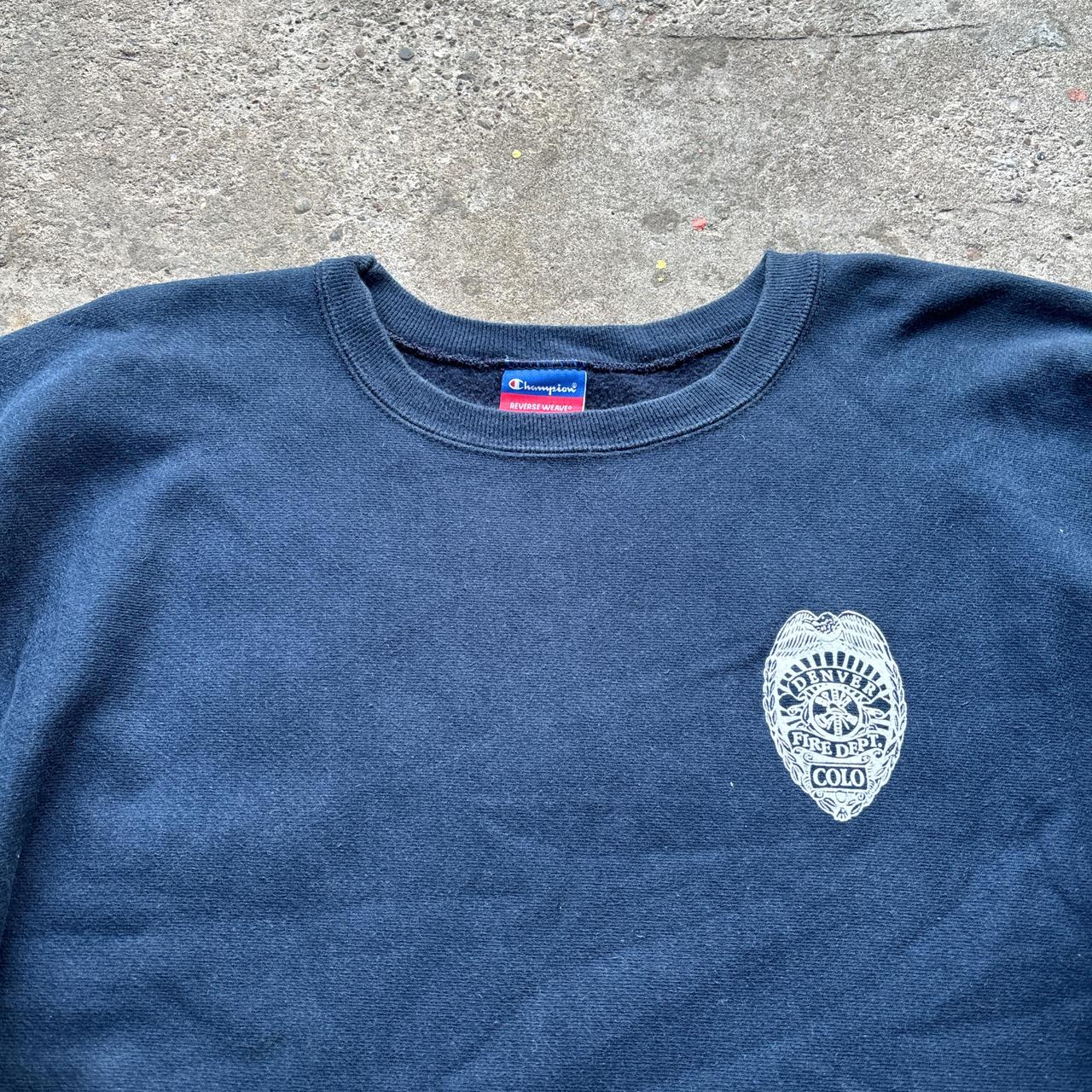 Navy Champion sweatshirt with Denver Fire Service prints