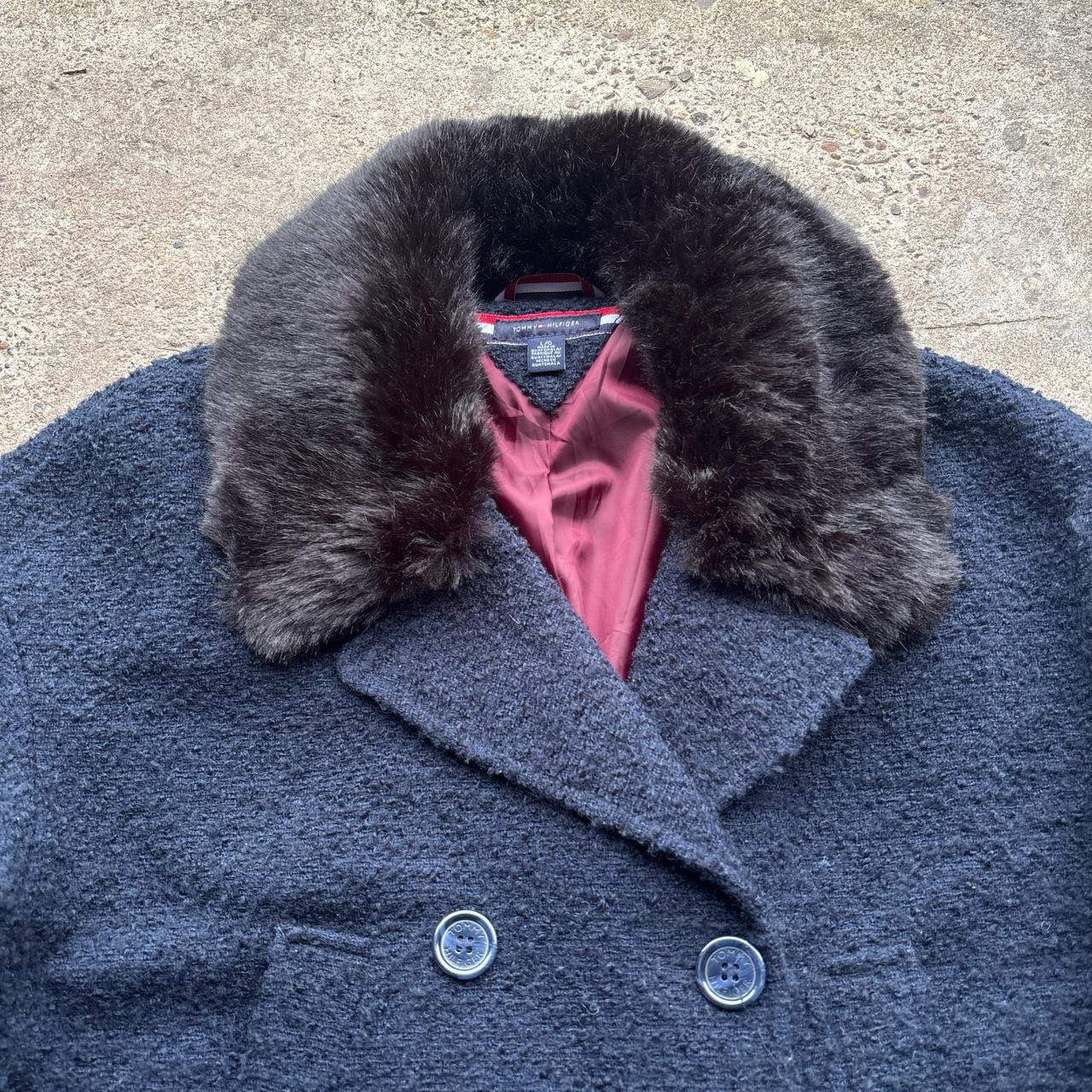 Navy Tommy Hilfiger wool blend peacoat with faux fur trim