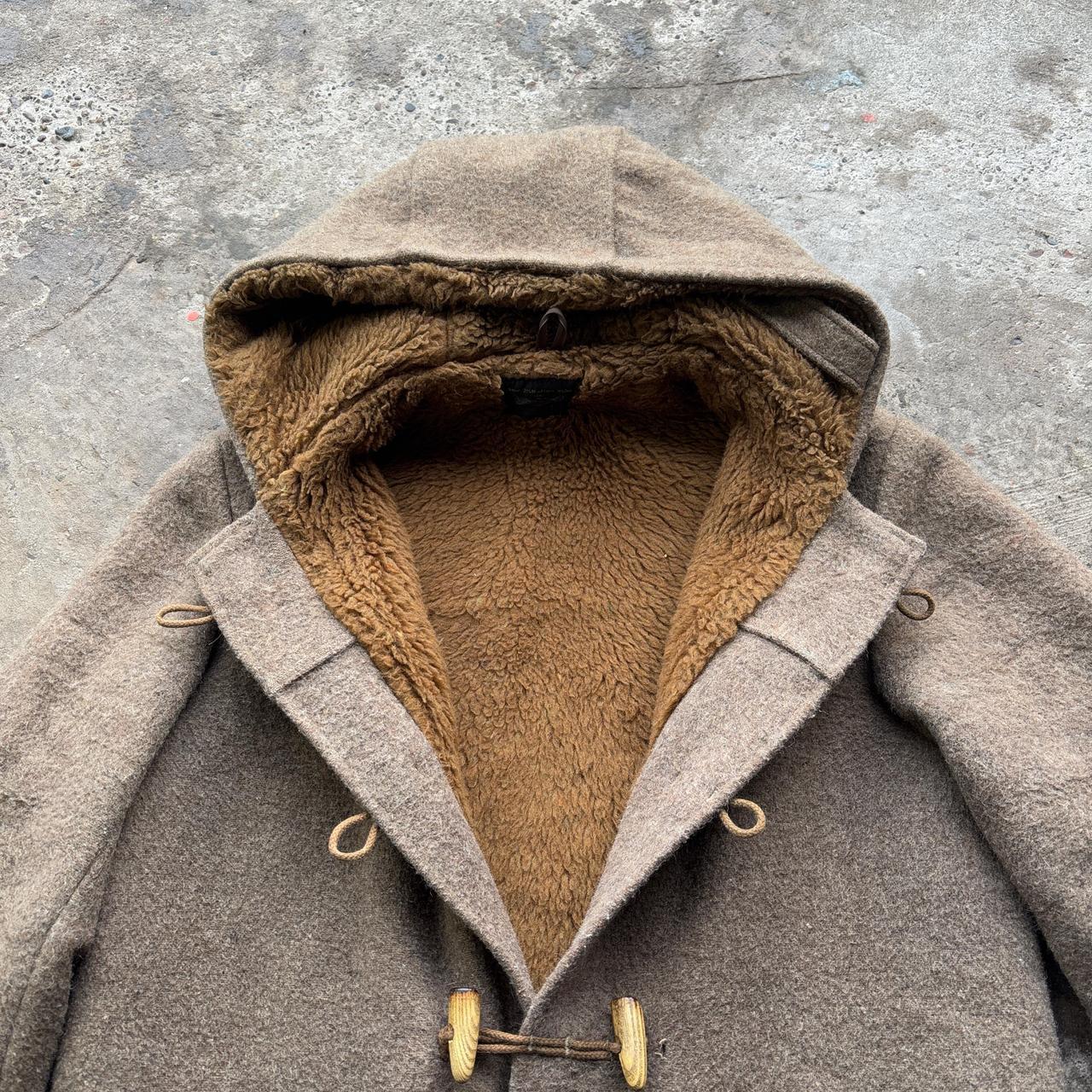 70s Tan and brown wool duffle coat with hood