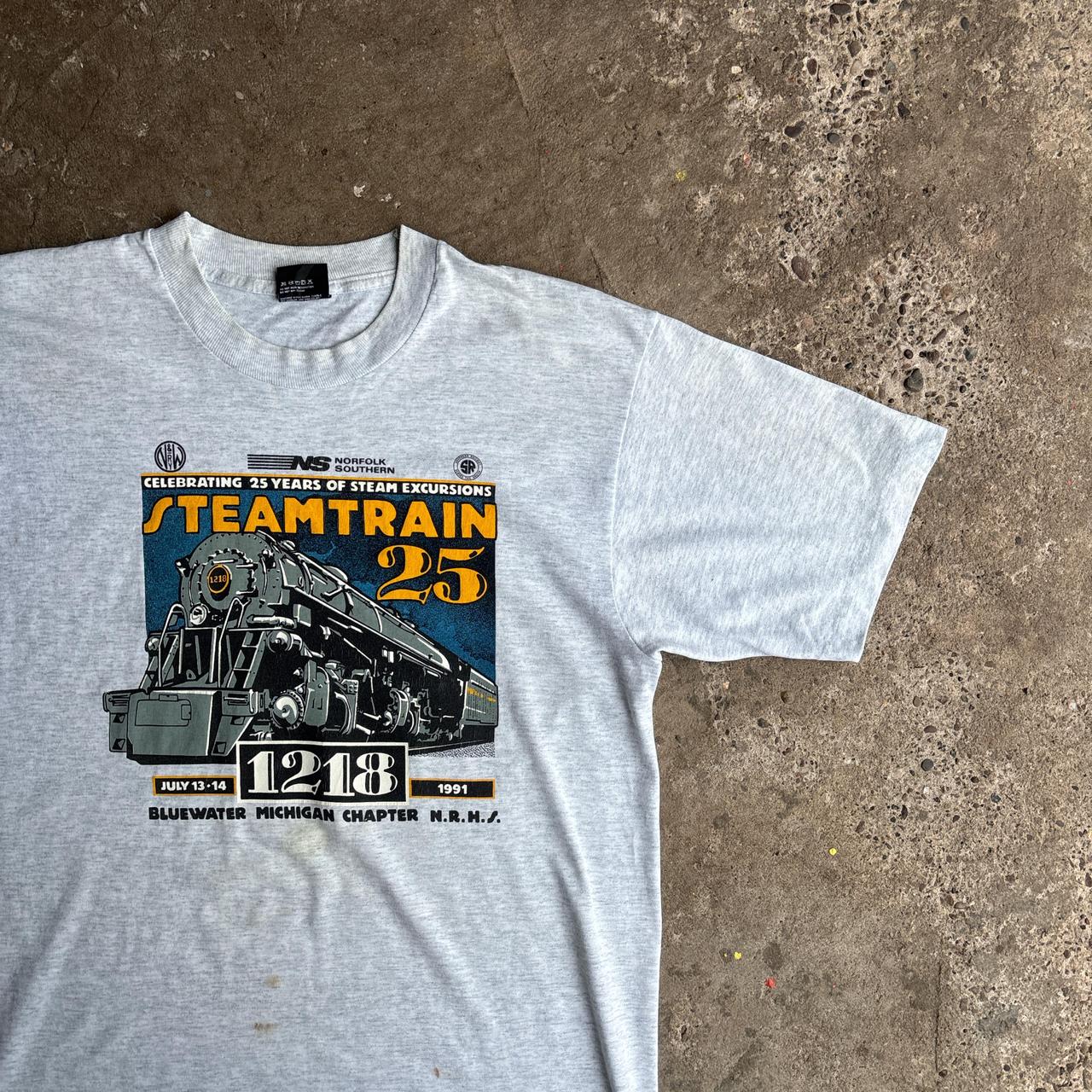 Vintage Grey Single Stitch Train Graphic T-Shirt - Large