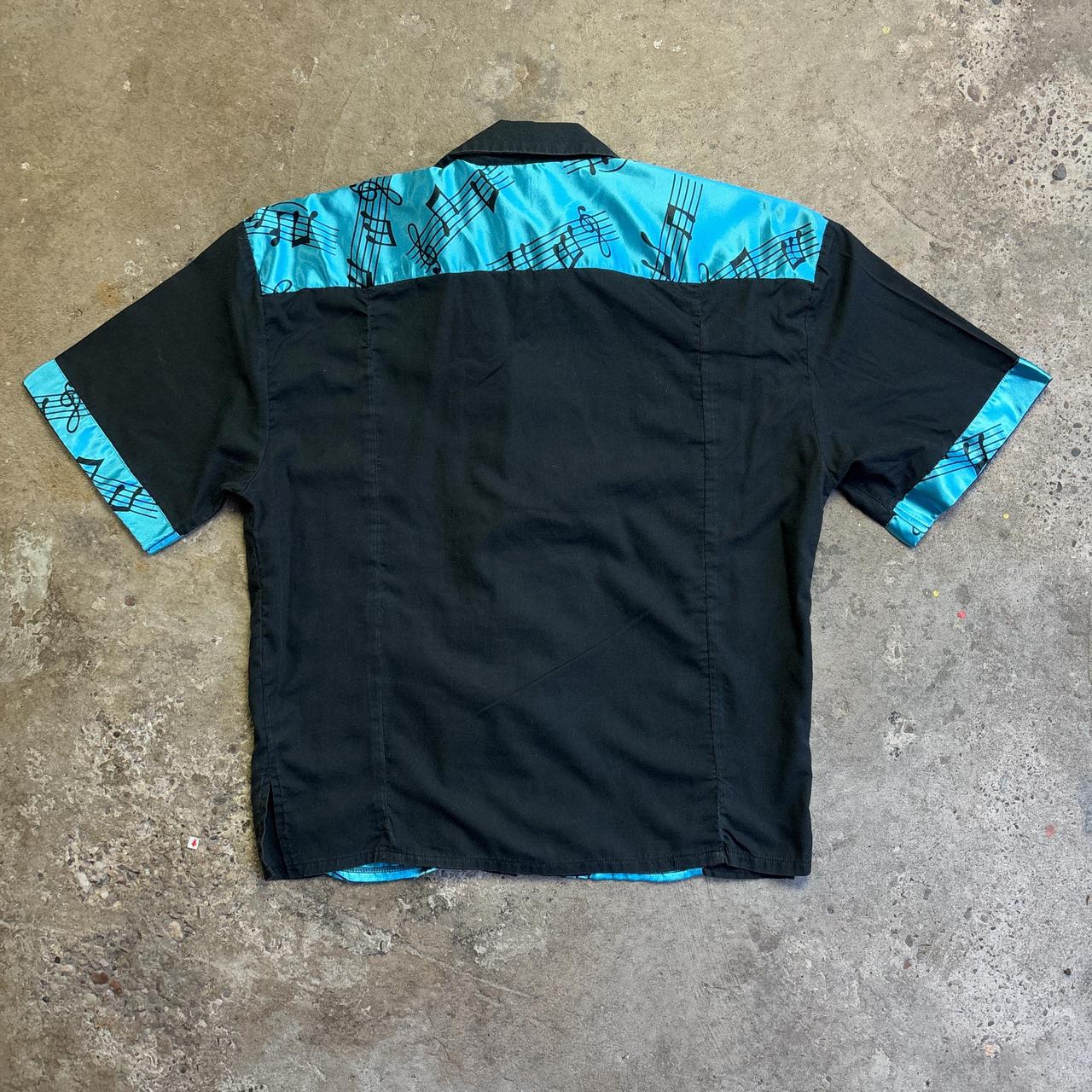 Blue and black musical notes bowling shirt