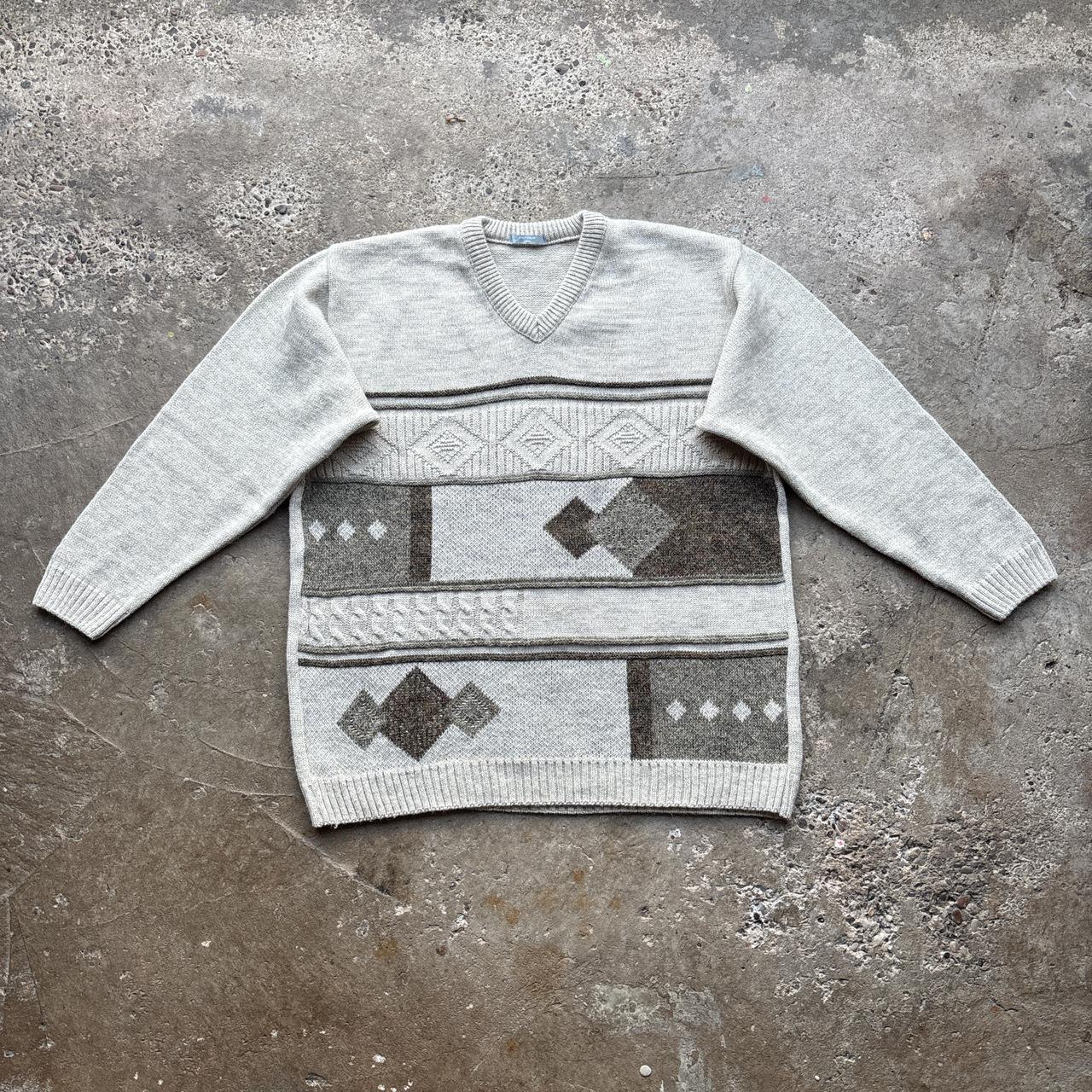 Vintage Cream wool jumper with abstract design - L