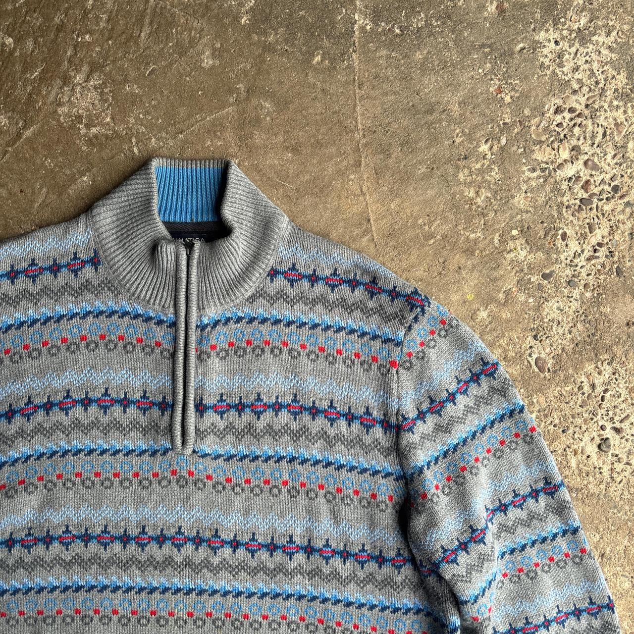 Grey & Blue Patterned Nautica Quarter Zip Jumper - XL