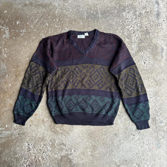 Multi-coloured Patterned Knitted V-Neck Jumper - XL