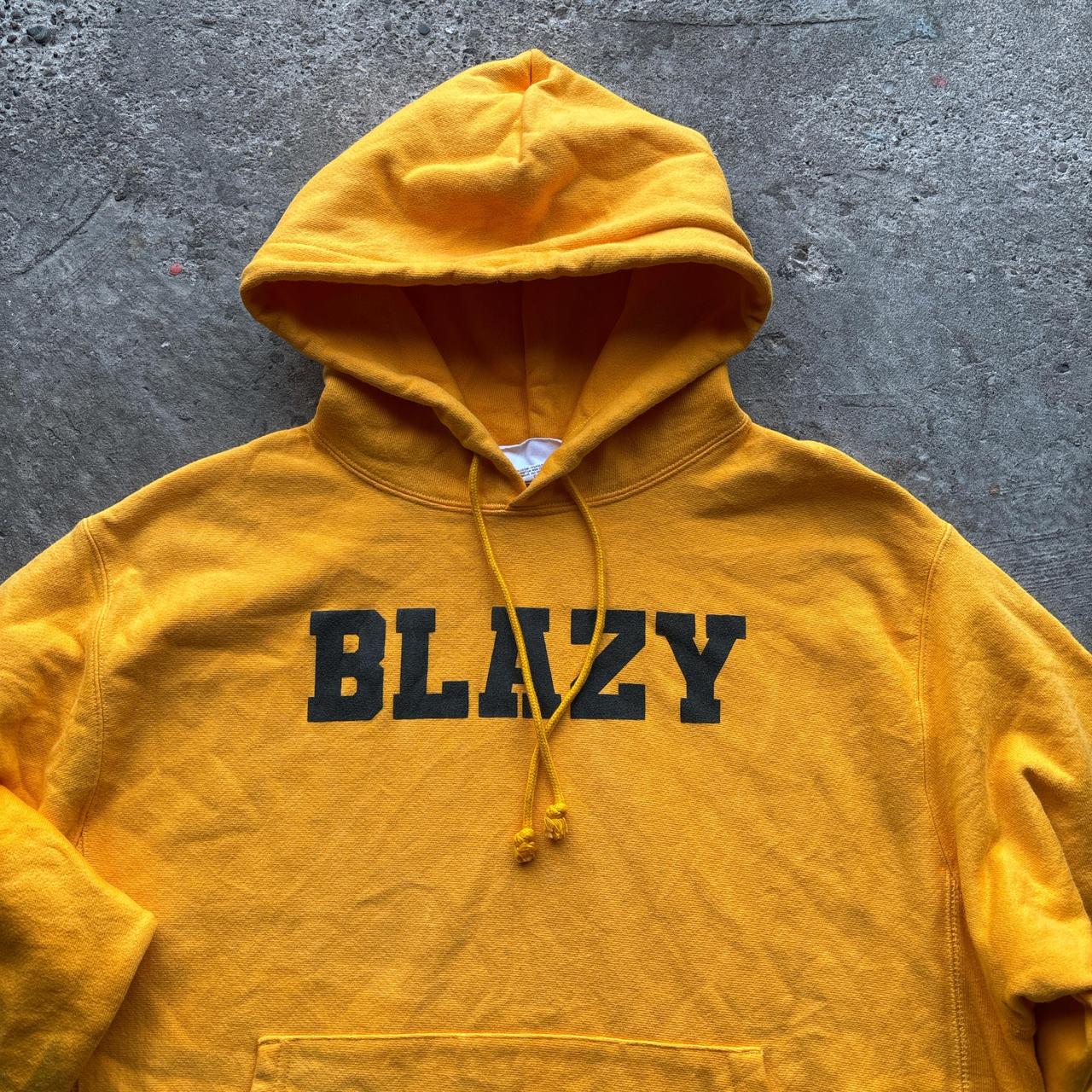 Yellow Champion hoody with ‘Blazy’ print