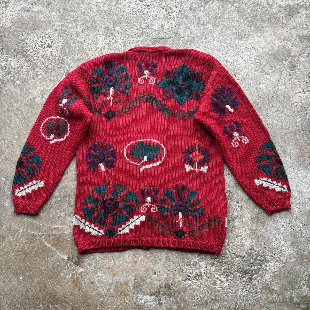 Vintage Red Land’s End knitted cardigan with flower pattern
