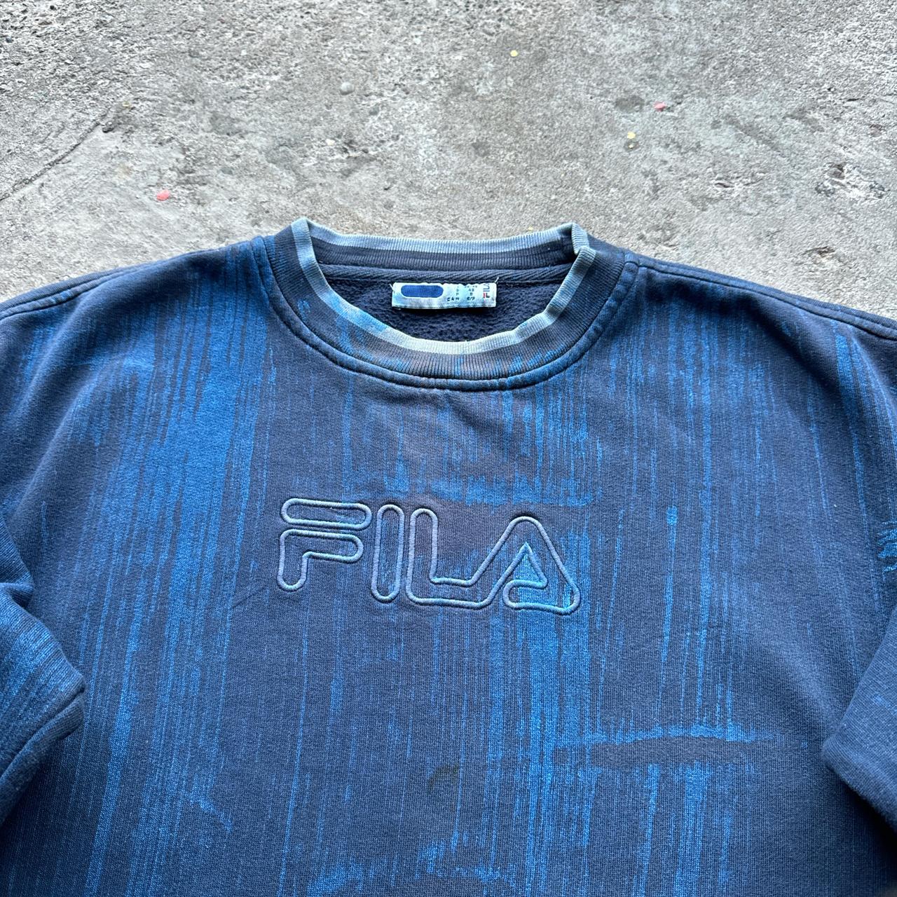 Navy Fila sweatshirt with embroidered logo and custom paint job