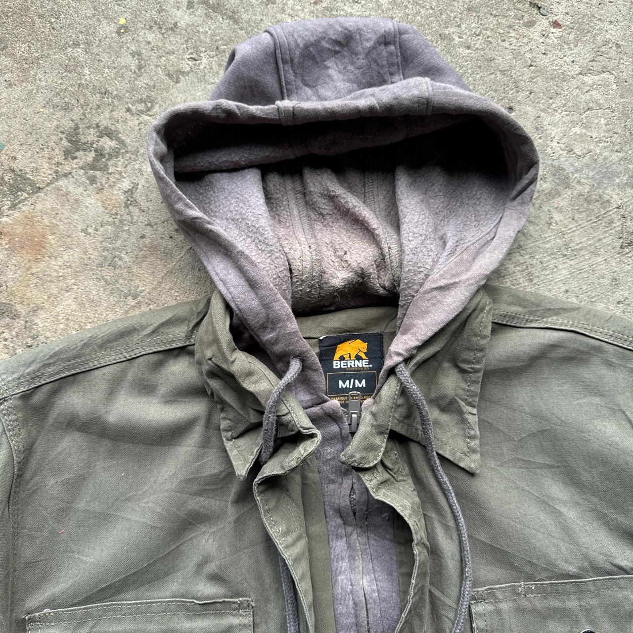 Khaki and grey hooded workwear jacket