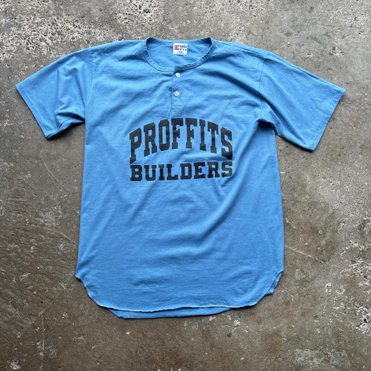 Blue Button-up single stitch t-shirt - L