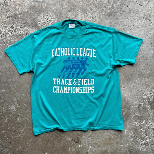 Teal Single-Stitch Graphic tee with ‘catholic track & field’ print - XL