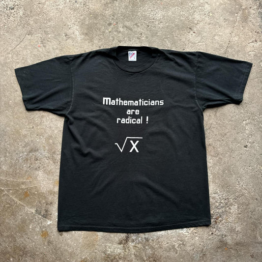 Black graphic tee with ‘mathematics are radical’ print