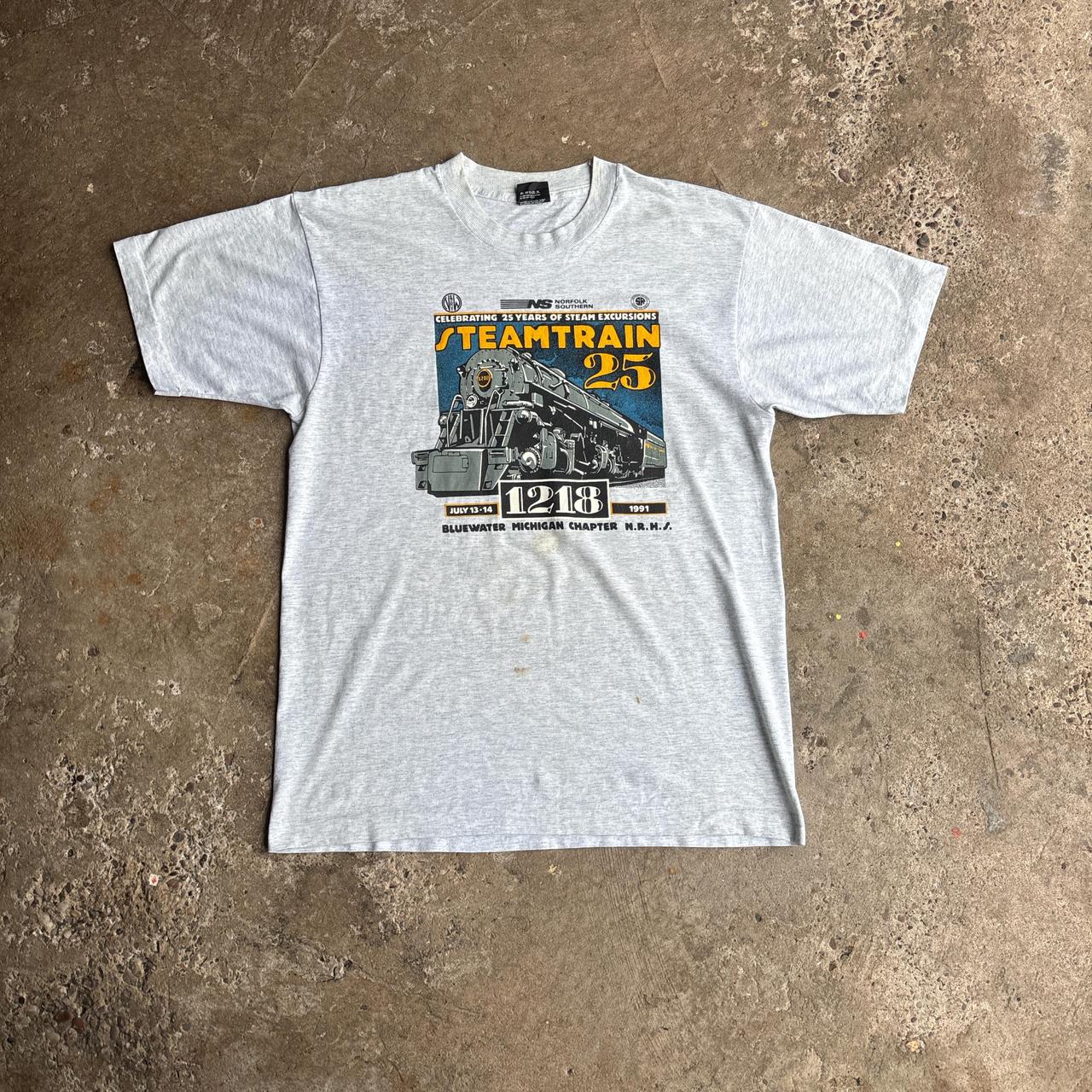 Vintage Grey Single Stitch Train Graphic T-Shirt - Large