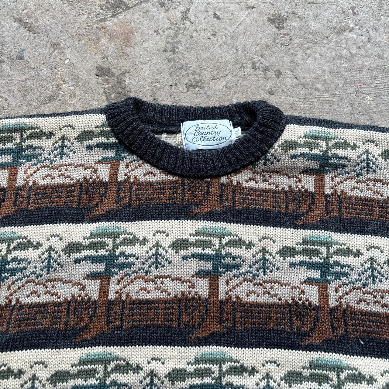 Crazy knitted wool jumper with tree and sea pattern