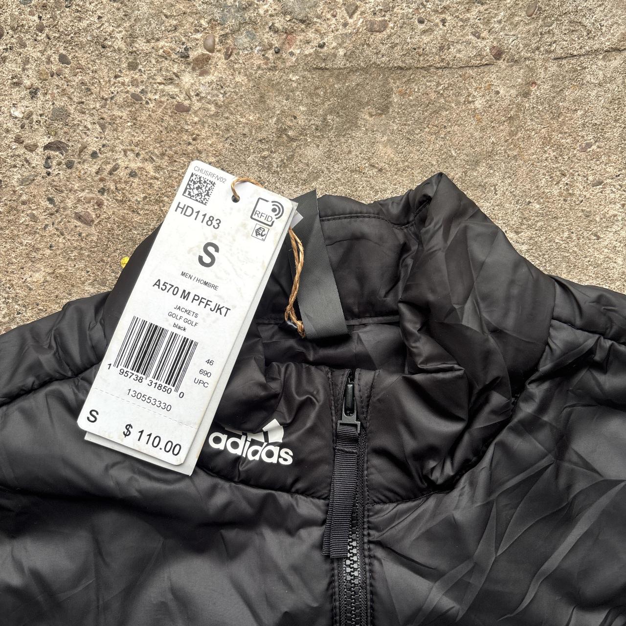 Black Adidas puffer jacket with Mario Kart embroidered logo