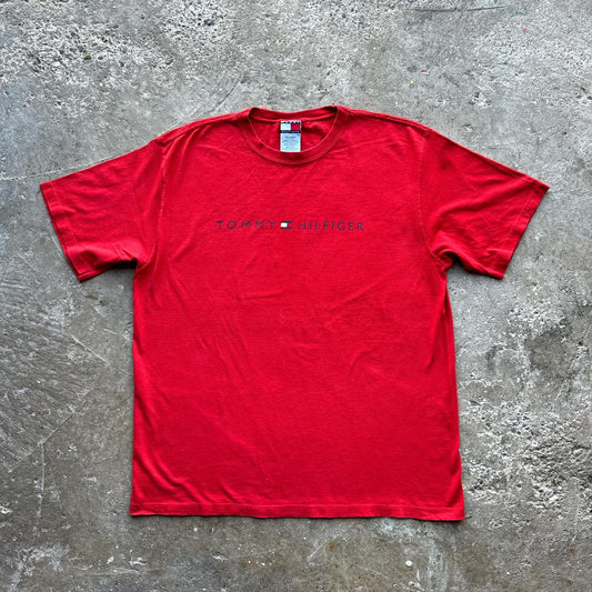 Vintage Red Tommy Hilfiger cotton t-shirt with spellout logo tee