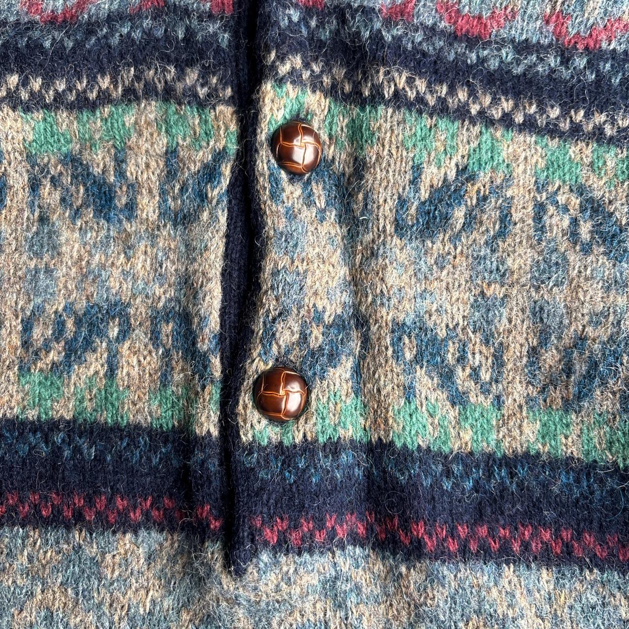 Navy Patterned Design Wool Button Jumper - L