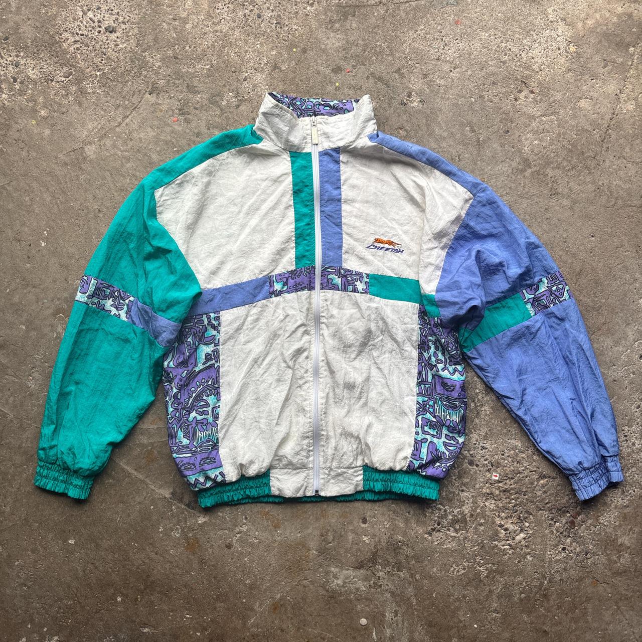 80s White, Green and purple Cheetah track jacket