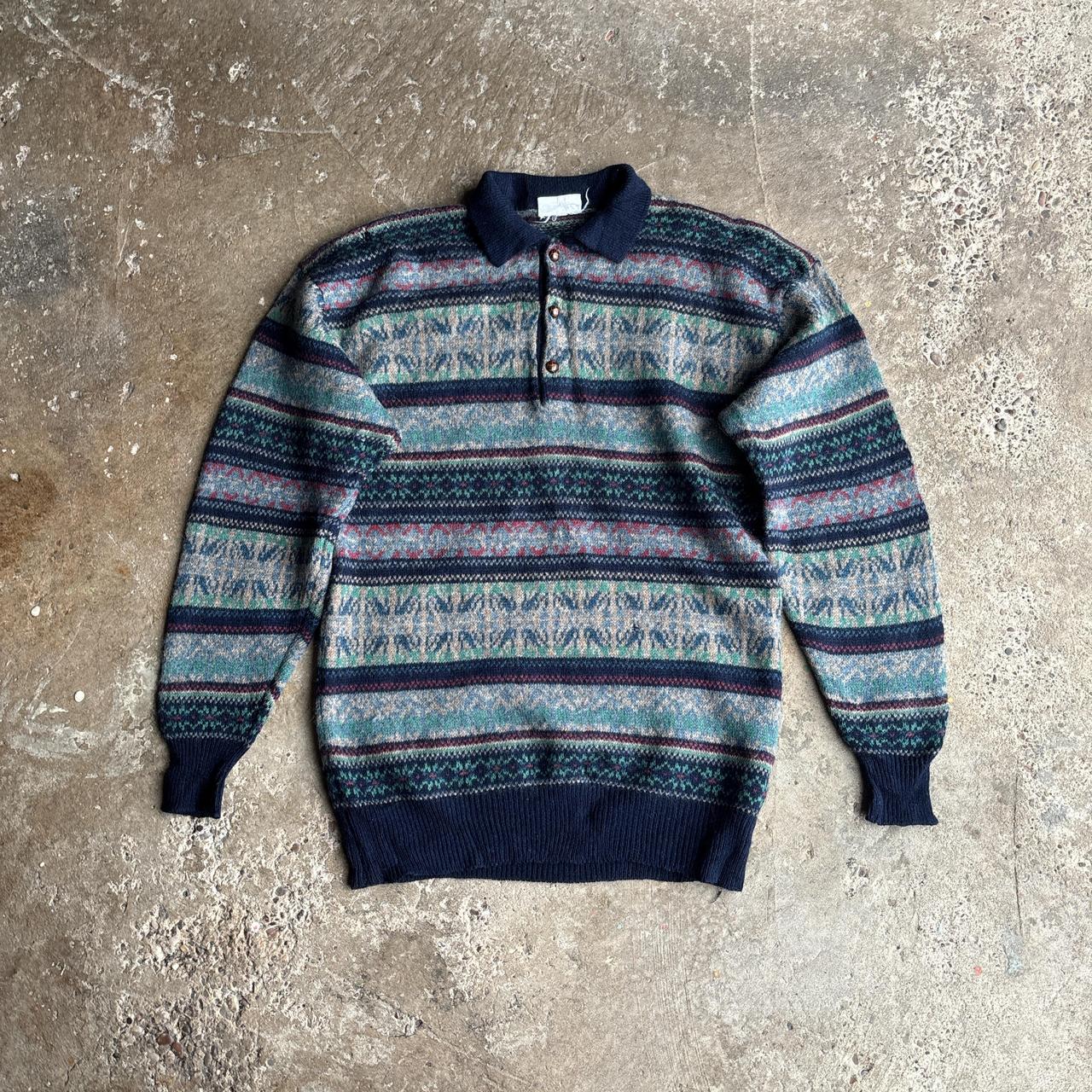 Navy Patterned Design Wool Button Jumper - L