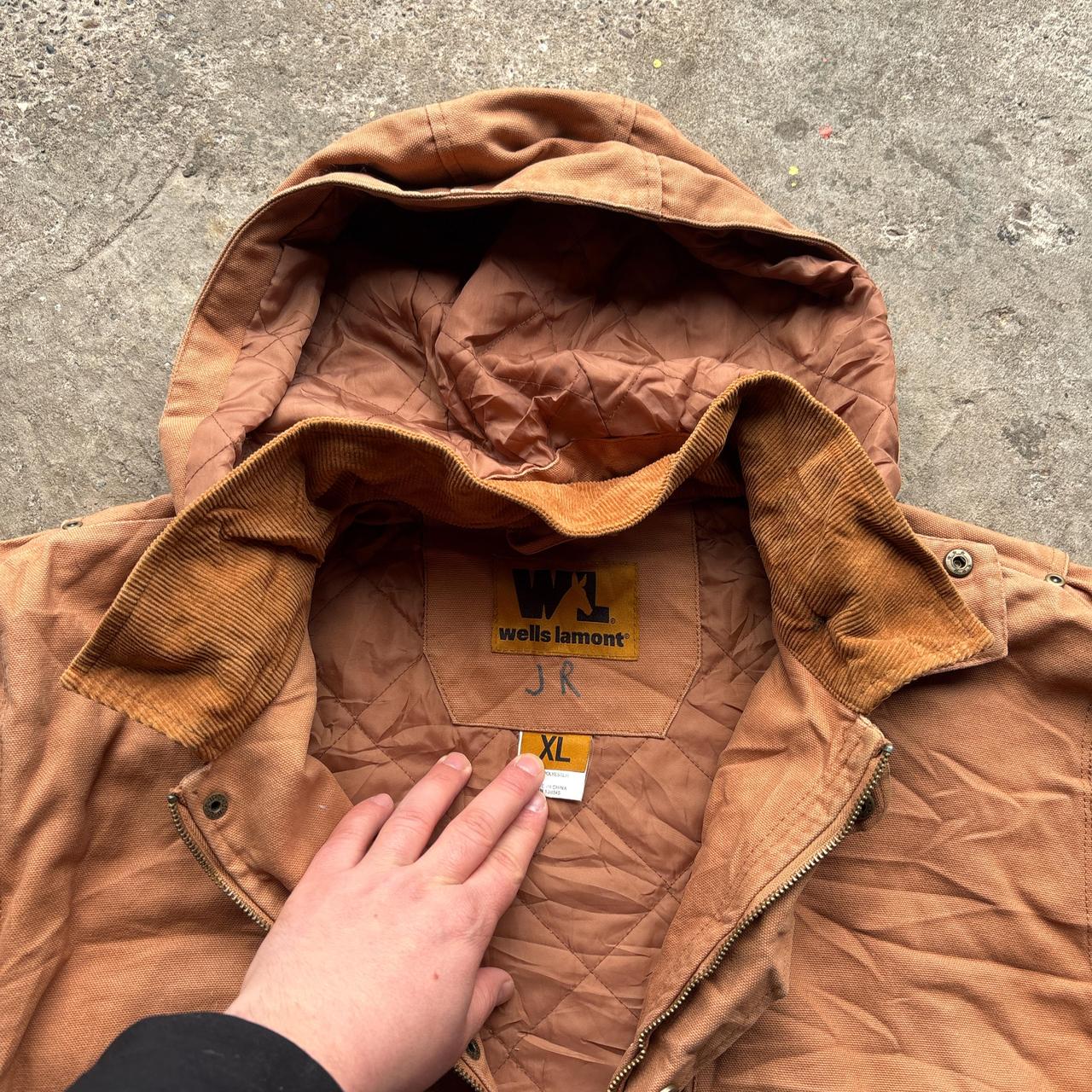 Wells Lamont Tan workwear jacket with corduroy collar and removable hood