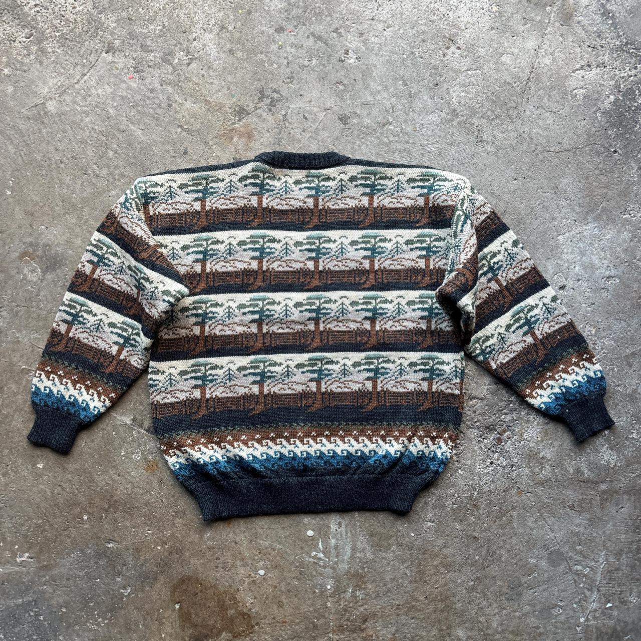 Crazy knitted wool jumper with tree and sea pattern