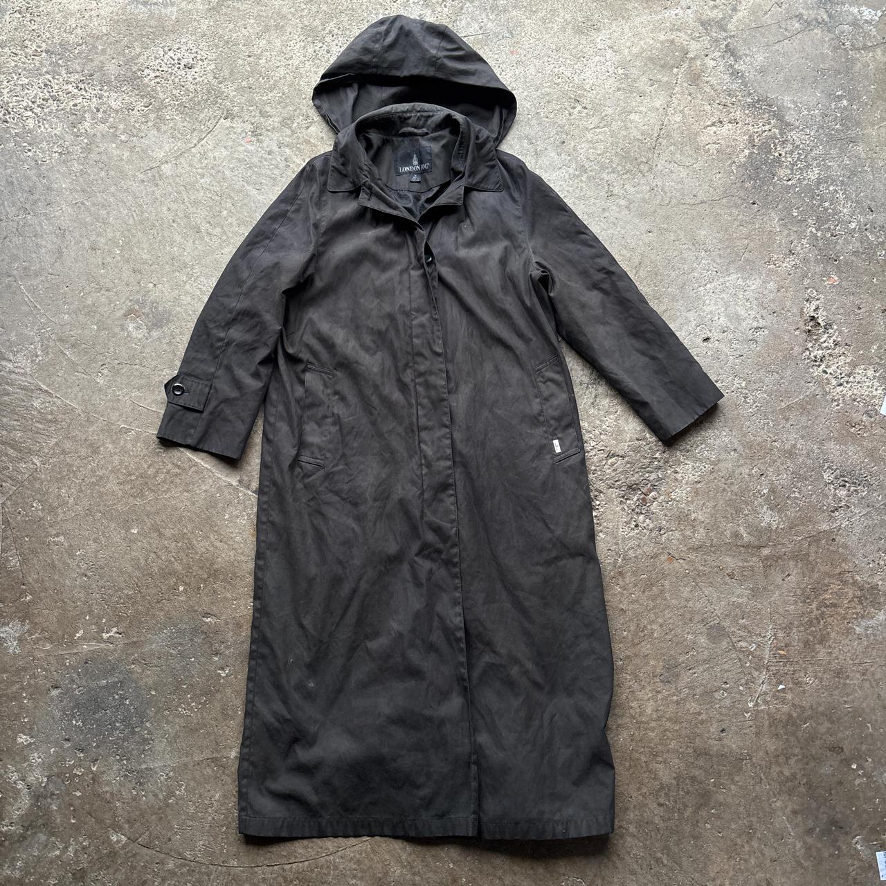 Black London Fog trench coat with removable hood