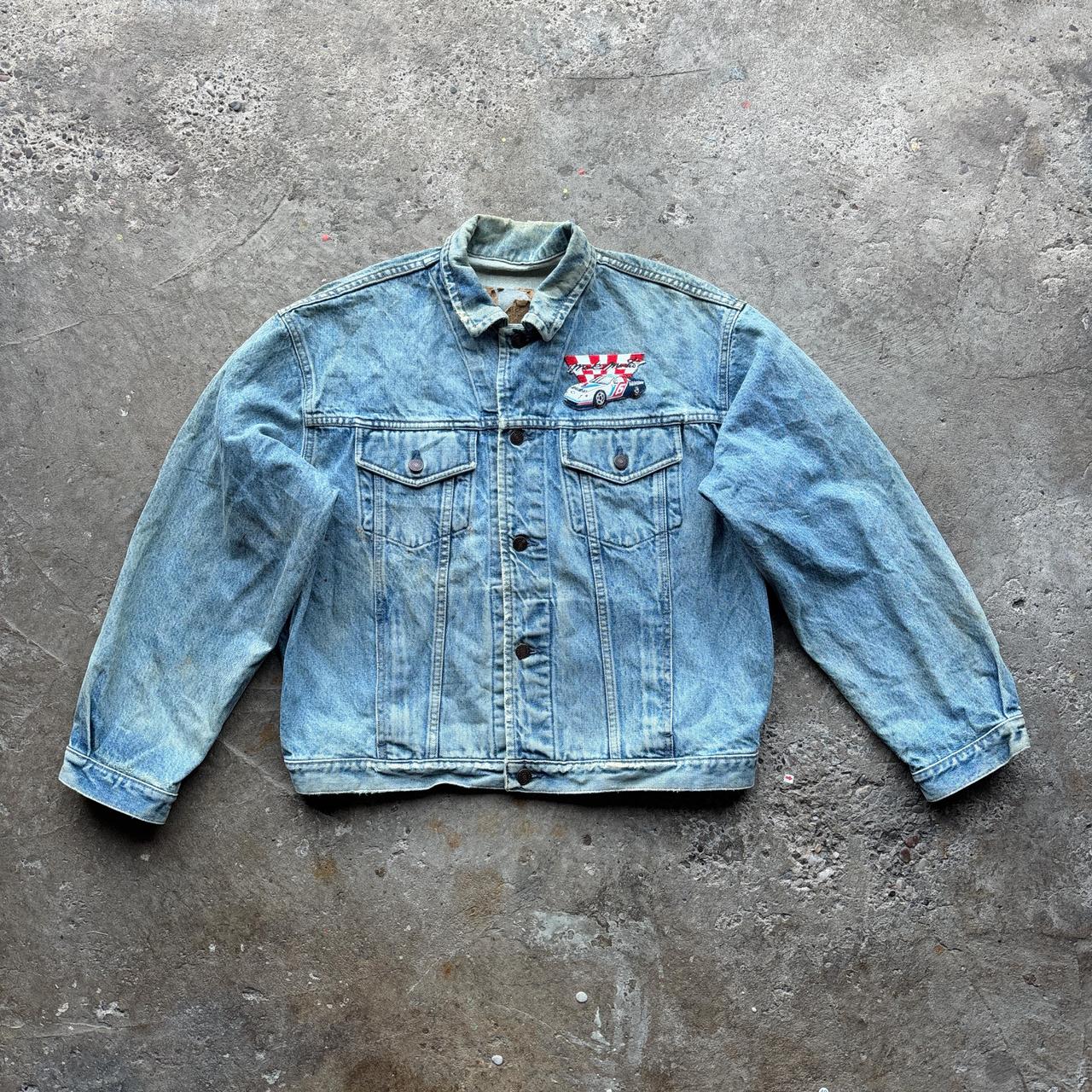 Vintage Blue denim trucker jacket with race car patch
