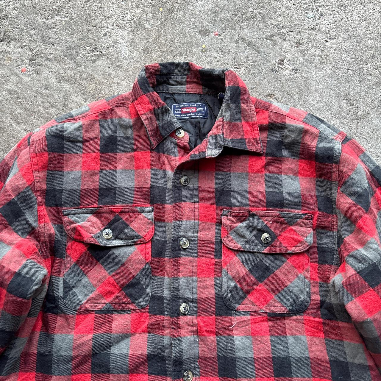 Red, grey and black plaid Wrangler workwear shirt
