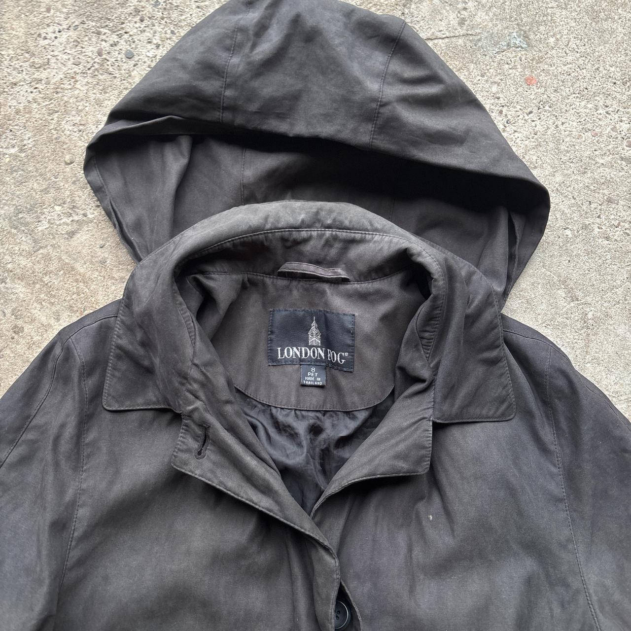 Black London Fog trench coat with removable hood