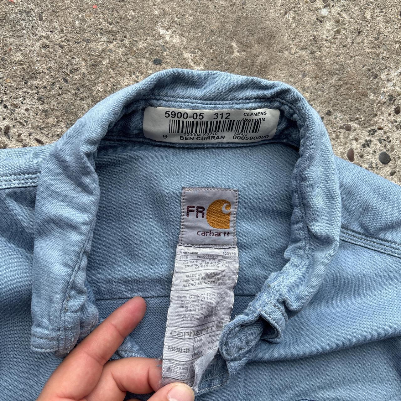 Blue Carhartt Flame Resistant workwear shirt with Ben name tag - L