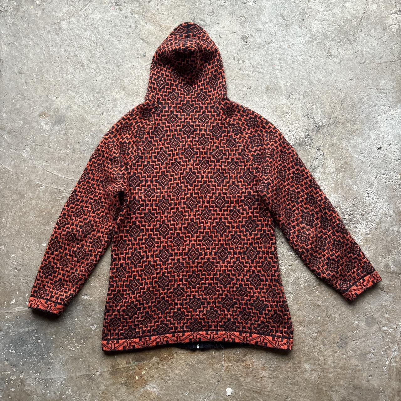 Hand knit orange and black tapestry hooded wool jacket