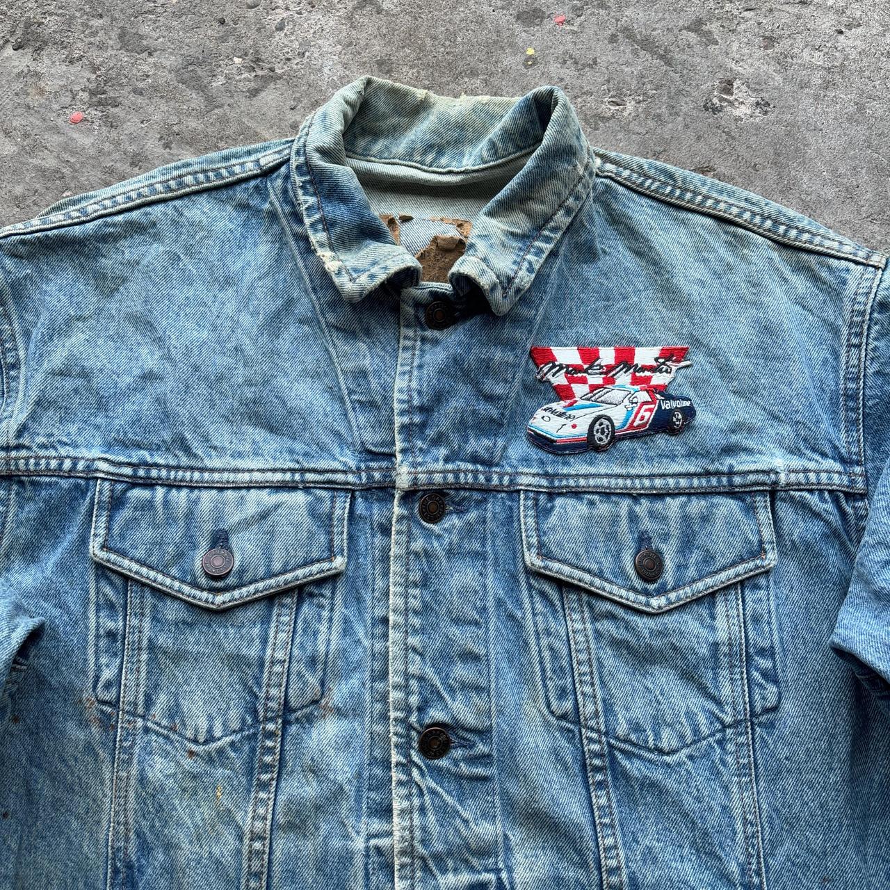 Vintage Blue denim trucker jacket with race car patch