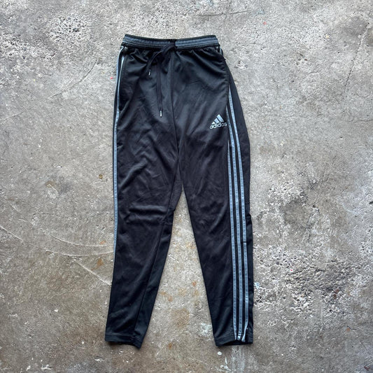 Black Adidas sweatpants with grey stripes and print logo