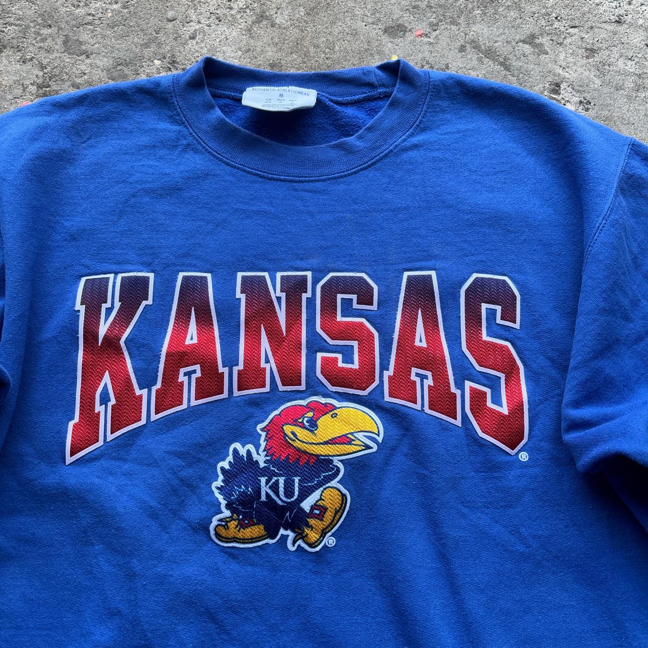 Blue Champion crewneck sweatshirt with Kansas University logo