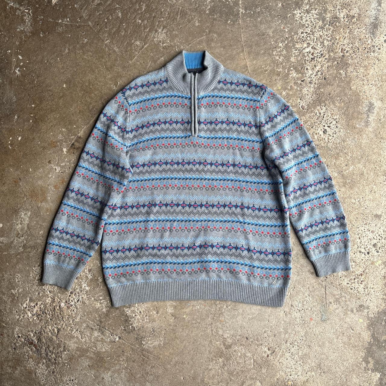 Grey & Blue Patterned Nautica Quarter Zip Jumper - XL