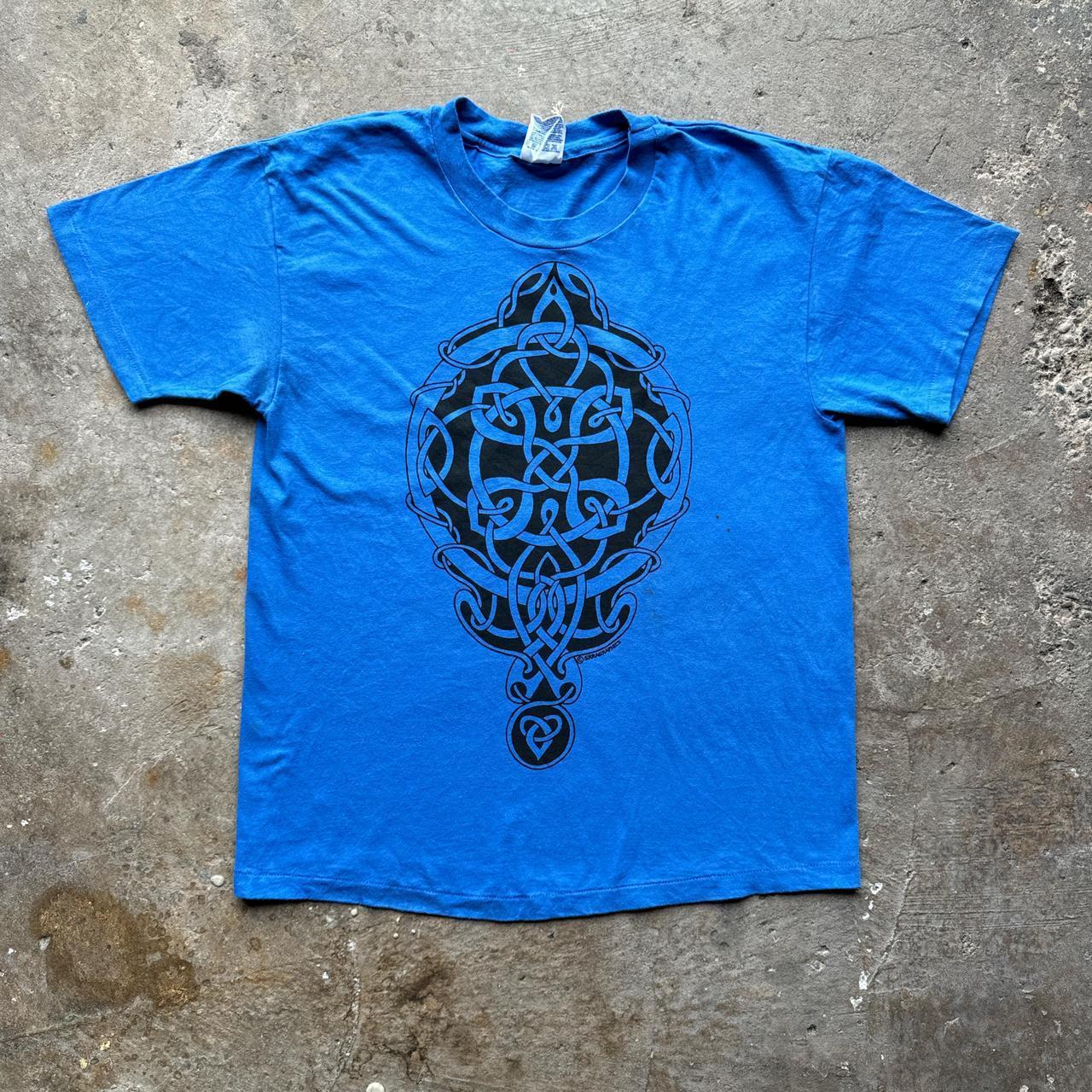 Blue graphic tee with Celtic print
