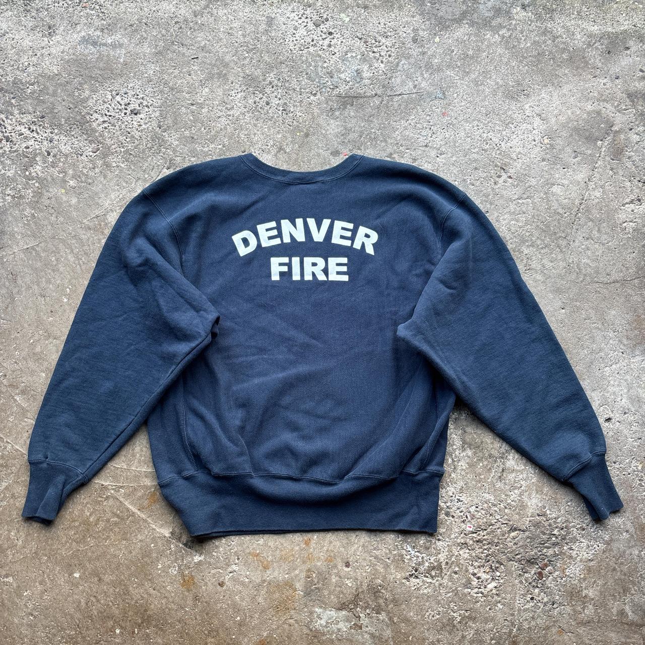 Navy Champion sweatshirt with Denver Fire Service prints