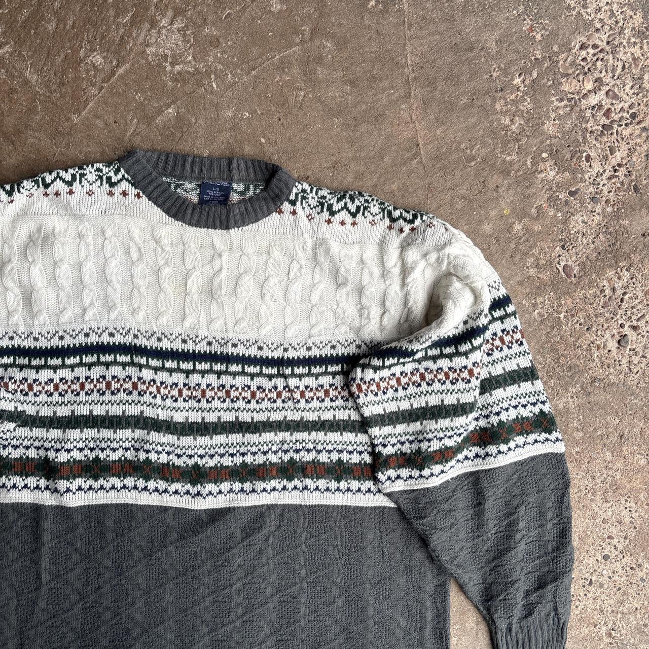 Grey & Cream Patterned Knitted Jumper - L