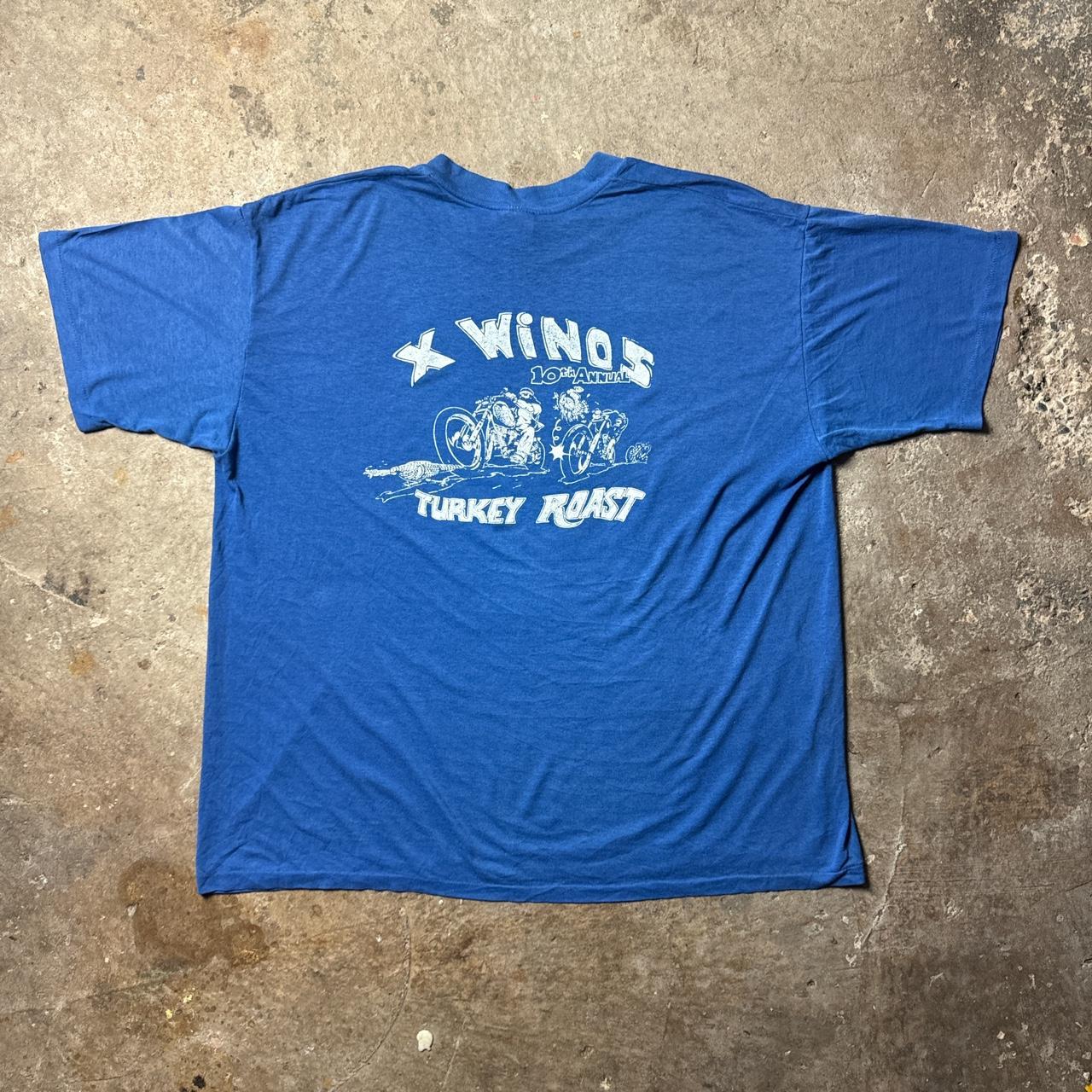 Blue 80s vintage single stitch cotton t-shirt with ‘Turkey Roast’ print