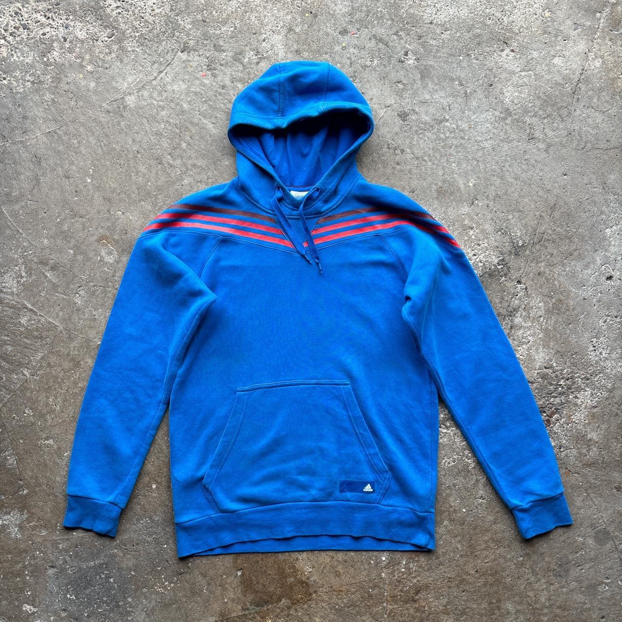 Blue Adidas hoody with printed stripes and logo