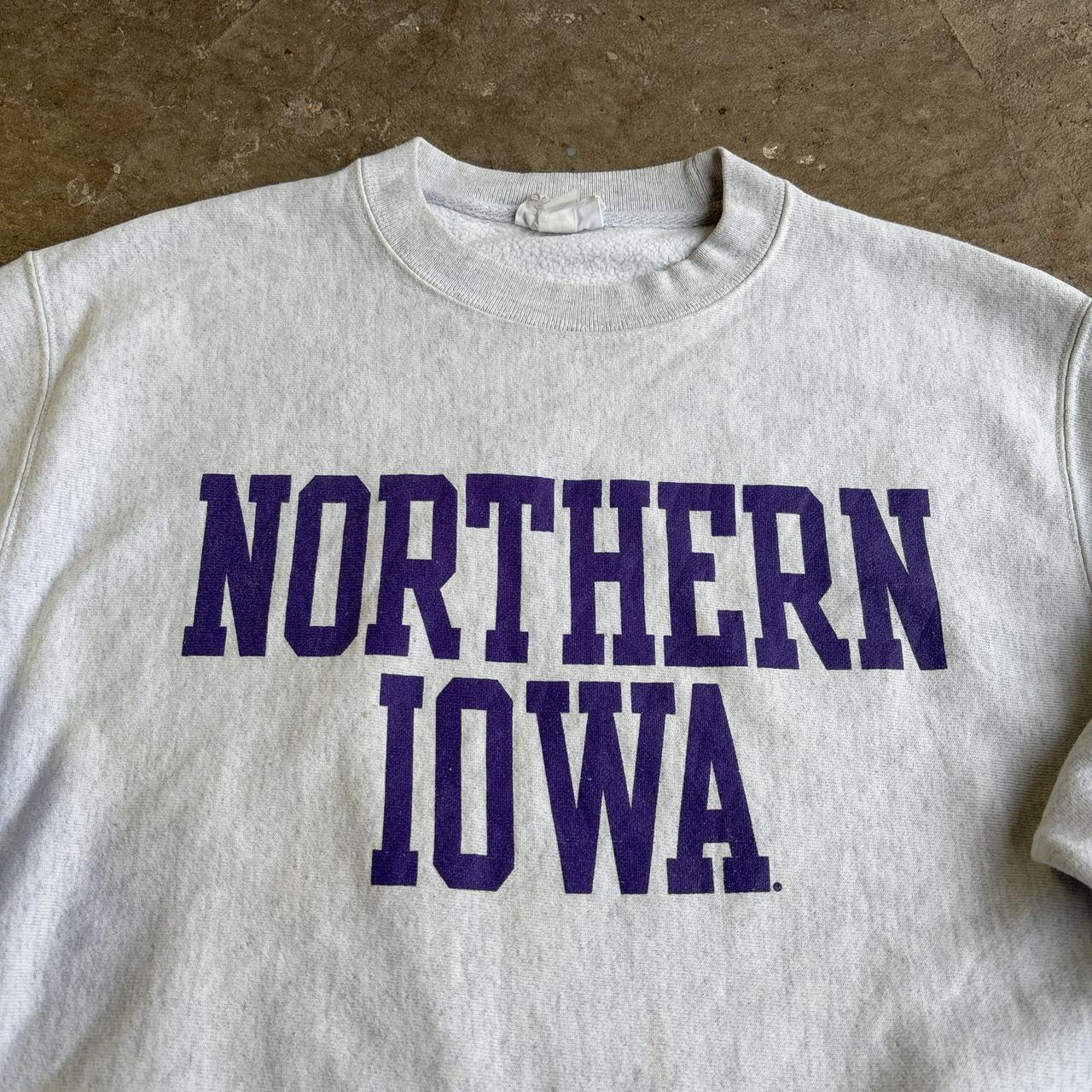 Champion grey crewneck sweatshirt with purple Northern Iowa University logo