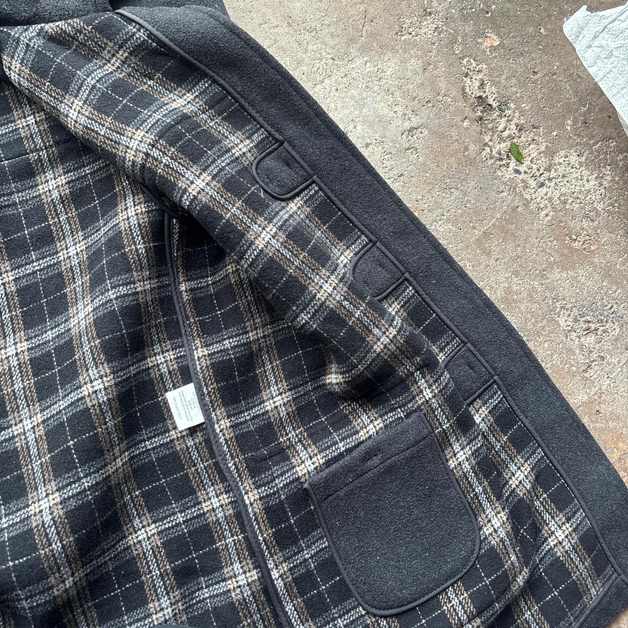 Black Montgomery wool duffle coat with chequered lining