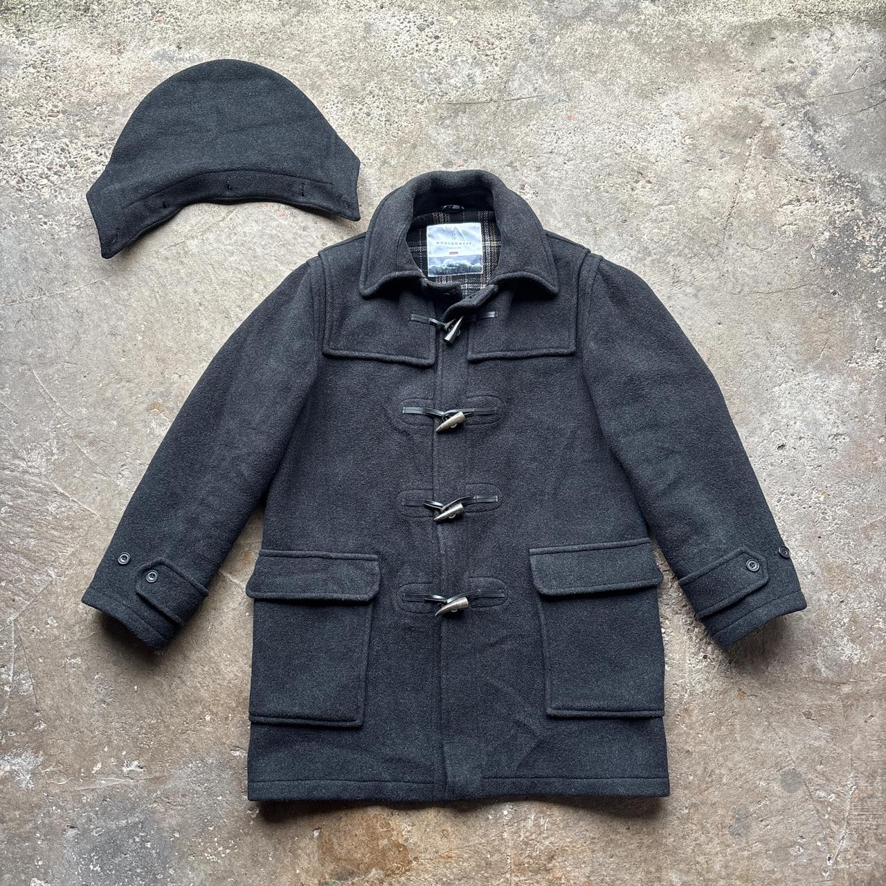 Black Montgomery wool duffle coat with chequered lining