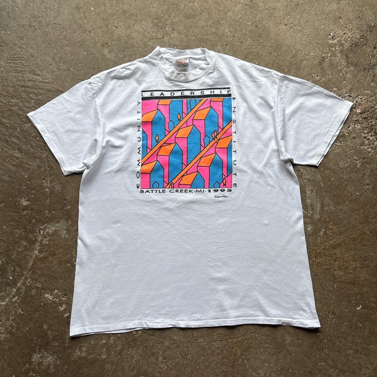 90s white graphic single stitch tee with ‘leadership’ graphic - XXL