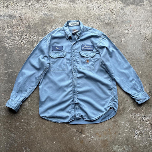 Blue Carhartt Flame Resistant workwear shirt with Ben name tag - L