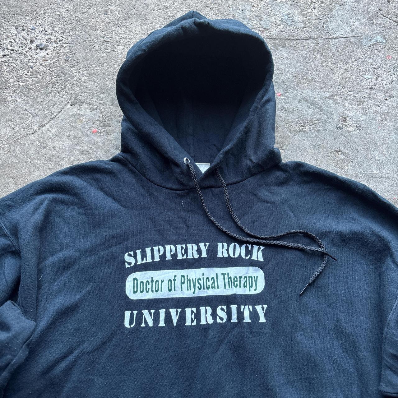 Navy and white Slippery Rock University hoodie